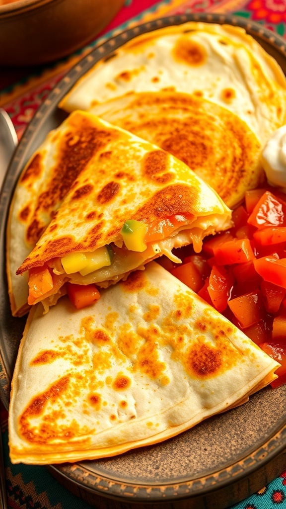 A delicious quesadilla cut into wedges, filled with cheese and vegetables, served with sour cream and salsa.